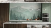 Installation complète du Papier Peint Panoramique Montagne Brume Vert dans une chambre contemporaine, créant une immersion totale dans un paysage alpin serein et apaisant