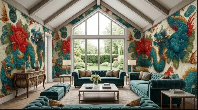 Salon élégant décoré avec un Papier Peint Dragon Chinois Traditionnel Crème et Rouge ornant le mur principal, créant une atmosphère orientale raffinée avec des dragons majestueux entrelacés de fleurs de lotus
