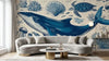 Décoration murale Papier Peint Baleine Bleue Abysses et Vie Marine illustrant un panorama sous-marin époustouflant avec une gigantesque baleine bleue traversant un banc de poissons argentés dans des eaux bleu abyssal