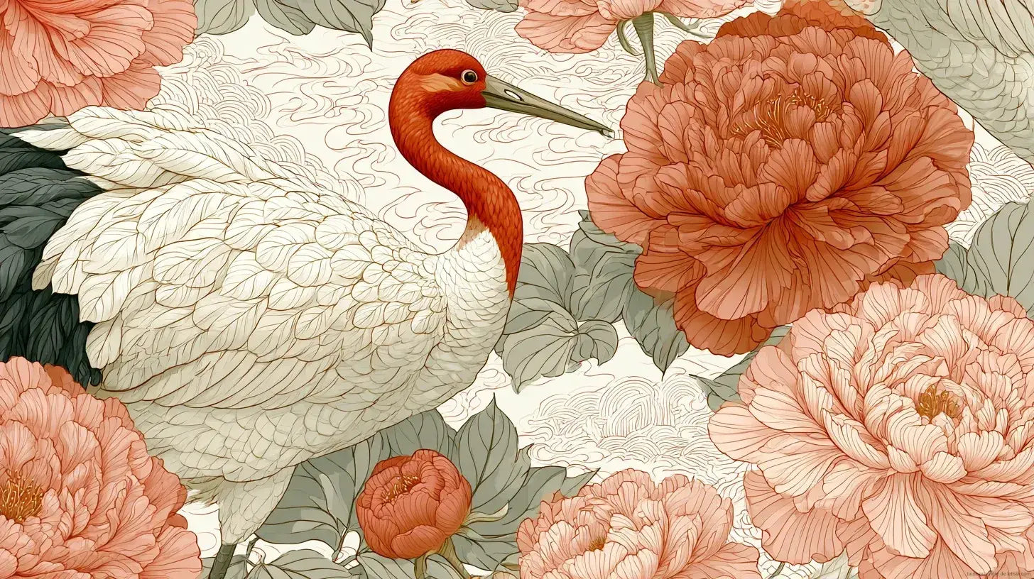 Papier Peint Japonais Grues et Pivoines Rose Poudré ornant un salon élégant, avec des grues blanches en vol gracieux sur un fond rose poudré délicat parsemé de pivoines épanouies