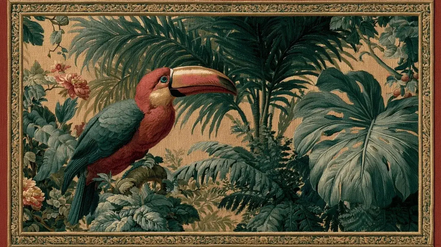 Papier Peint Toucan Tapisserie Jungle Ancienne représentant un toucan coloré aux plumes éclatantes perché sur une branche tropicale entourée de feuilles exotiques luxuriantes