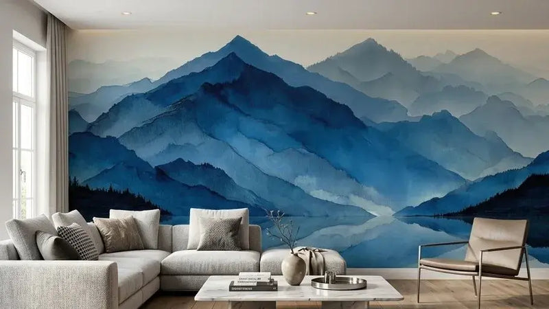 Décor mural immersif inspiré d'un paysage montagneux brumeux, sublimé par des touches d'aquarelle bleue translucide et apaisante
