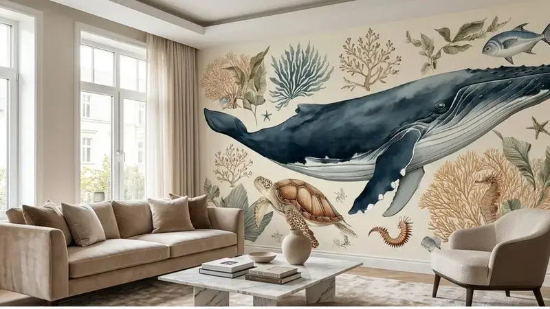 Détail rapproché d'un Papier Peint Baleine et Animaux Marins Aquarelle montrant des pieuvres délicates, des hippocampes dorés et des coraux roses peints à l'aquarelle sur fond blanc ivoire