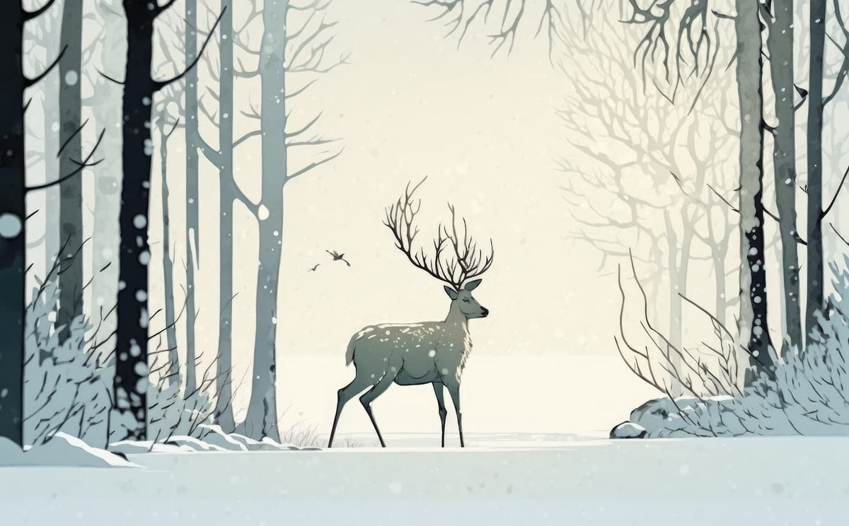 Papier peint forêt blanche et cerf
