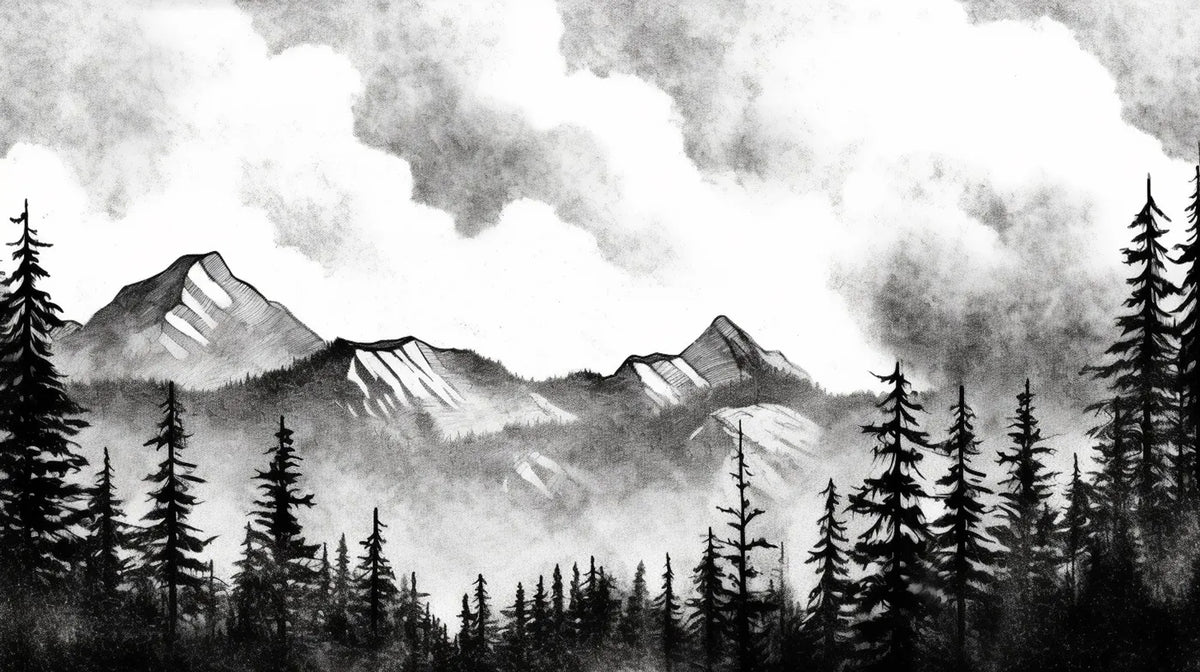 Papier peint forêt de pins et montagne