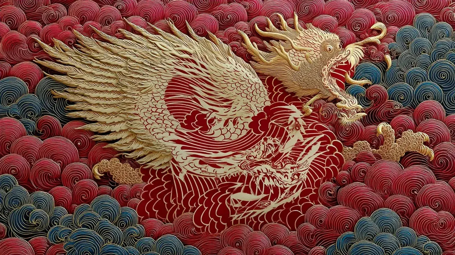 Papier Peint Dragon Japonais Rouge et Or représentant un dragon majestueux aux écailles dorées enroulé sur un fond rouge profond, orné de nuages traditionnels japonais