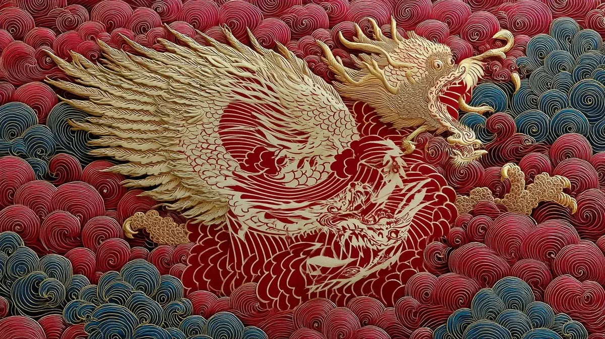 Papier Peint Dragon Japonais Rouge et Or représentant un dragon majestueux aux écailles dorées enroulé sur un fond rouge profond, orné de nuages traditionnels japonais