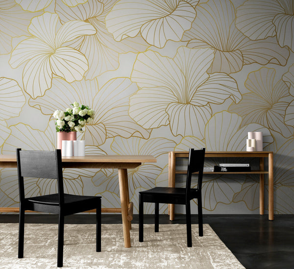 Papier peint Papier peint géométrique feuille dorée floral stylisé, japonais,