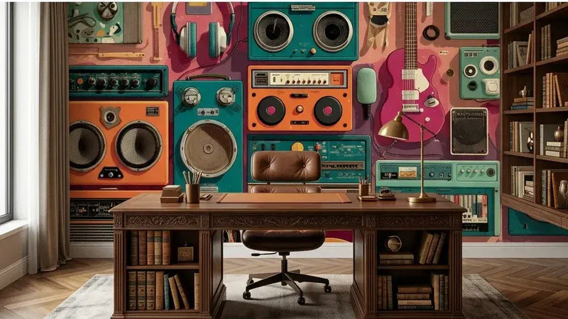 Chambre d'enfant habillée d'un papier peint instruments de musique vintage beige illustrant des instruments de jazz et de musique classique dessinés dans un style rétro raffiné aux couleurs sable et vanille