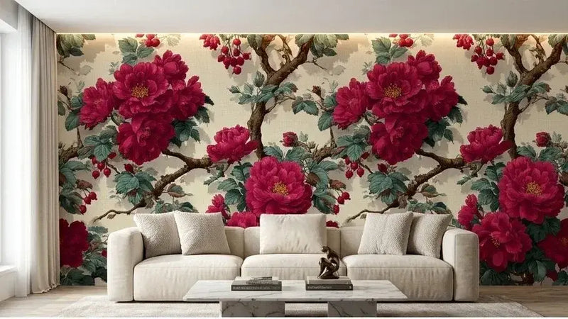 Gros plan sur les détails raffinés d'un Papier Peint Toile de Jouy Rouge Fleuri mettant en valeur des branches fleuries et des scènes champêtres traditionnelles