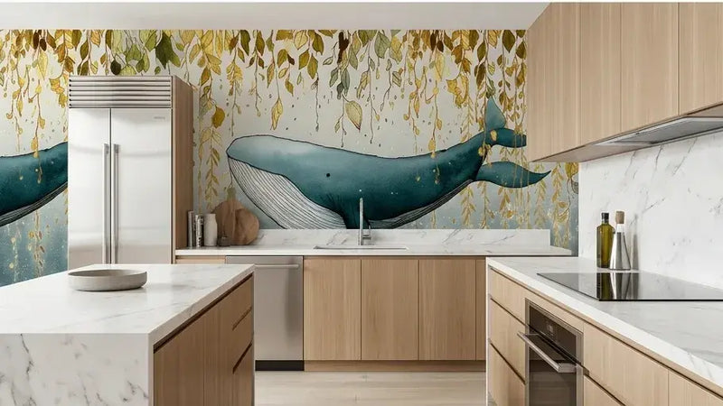 Papier Peint Baleine Bleue sous Feuillage Délicat installé sur un mur de chambre d'enfant créant une atmosphère onirique et poétique avec ses motifs marins enveloppés de verdure aérienne