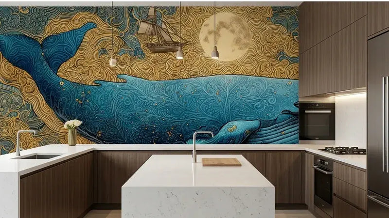 Papier Peint Baleine Volante et Bateaux Oniriques déployé sur un mur de chambre d'enfant avec une baleine géante aux nageoires déployées côtoyant des bateaux pirates colorés flottant entre ciel et mer dans une atmosphère féerique