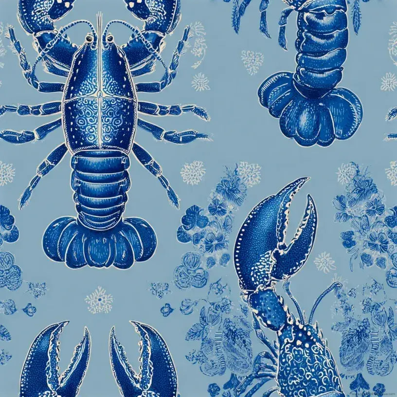 Papier peint homard bleu aux élégantes rayures marines bleu et blanc, motif nautique raffiné pour une décoration murale bord de mer
