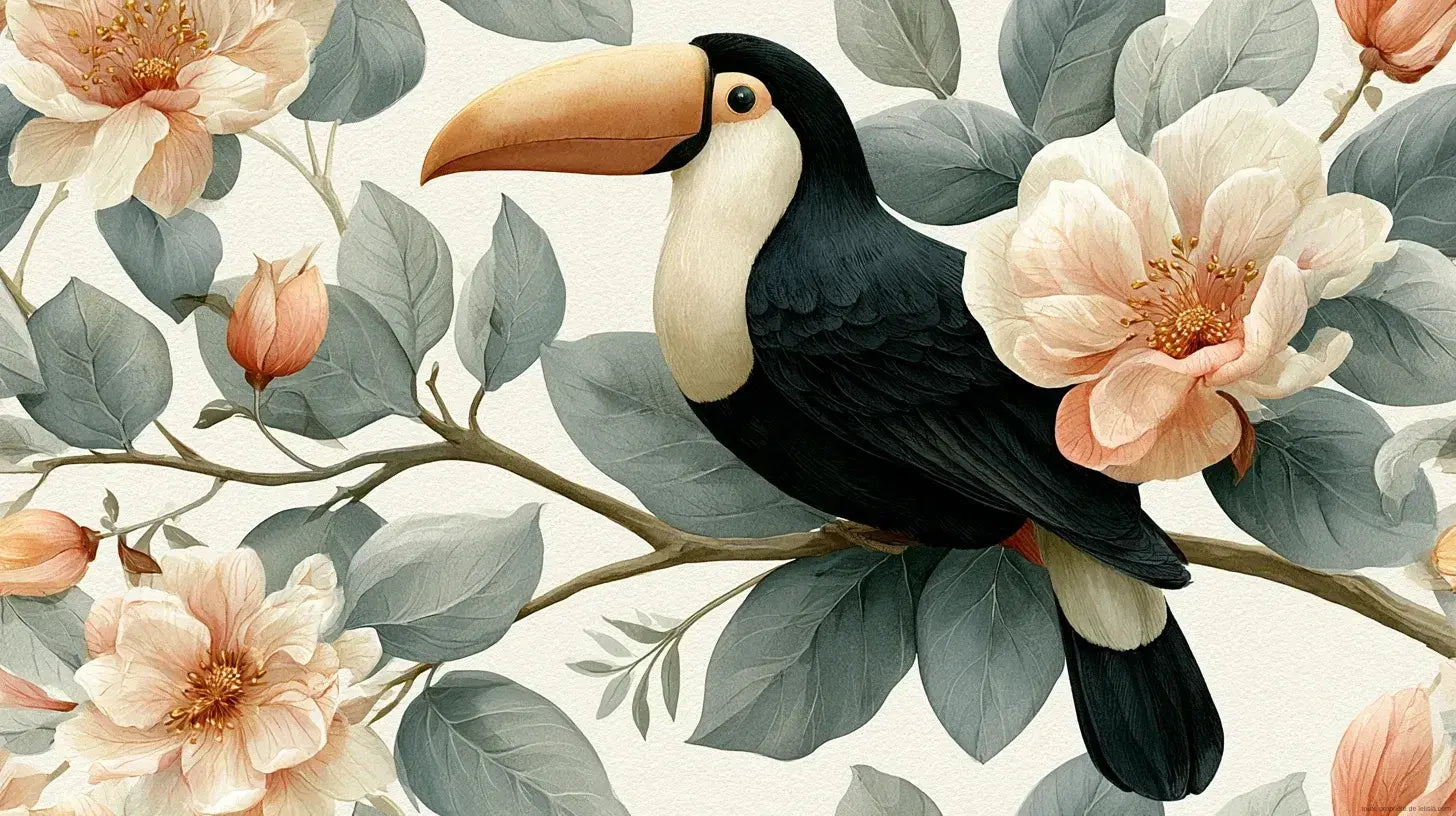 Papier Peint Toucan Poétique aux Feuilles Vertes et Dorées ornant un mur de salon élégant, avec un toucan aux couleurs vives perché parmi des feuilles tropicales vert émeraude et des reflets dorés luxueux