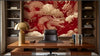 Détail artistique d'un Papier Peint Japonais Dragon Rouge et Or montrant les écailles en relief texturé rouge cramoisi et or antique du dragon entrelacées avec des fleurs de lotus et des vagues stylisées japonaises
