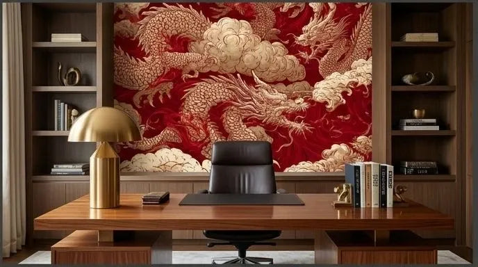 Détail artistique d'un Papier Peint Japonais Dragon Rouge et Or montrant les écailles en relief texturé rouge cramoisi et or antique du dragon entrelacées avec des fleurs de lotus et des vagues stylisées japonaises