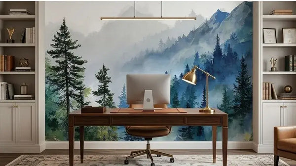 Paysage mural en technique aquarelle montrant des pics montagneux dramatiques émergeant d'une brume dense et éthérée aux couleurs froides et envoûtantes