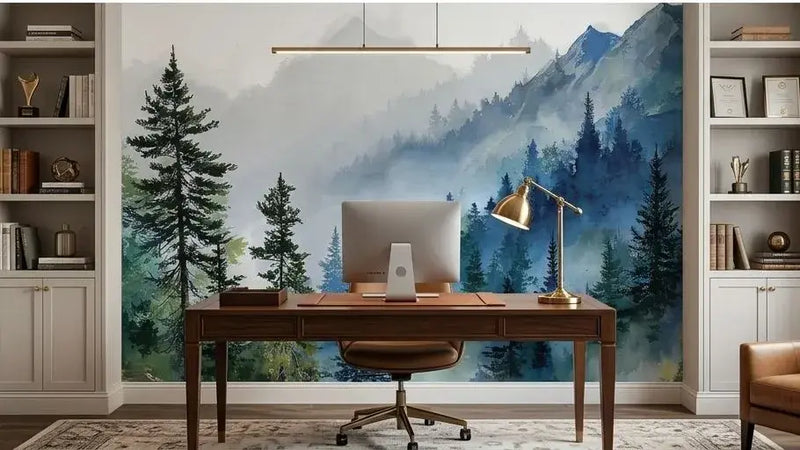 Paysage mural en technique aquarelle montrant des pics montagneux dramatiques émergeant d'une brume dense et éthérée aux couleurs froides et envoûtantes