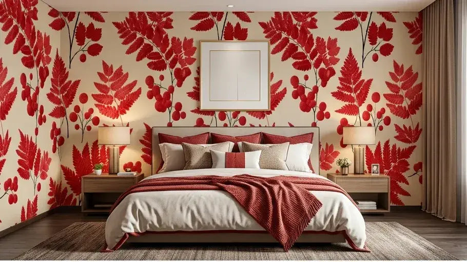 Salon contemporain habillé d'un Papier Peint Rouge et Blanc Motif Feuillage Matisse posé derrière un canapé en velours, associant design moderne et références artistiques