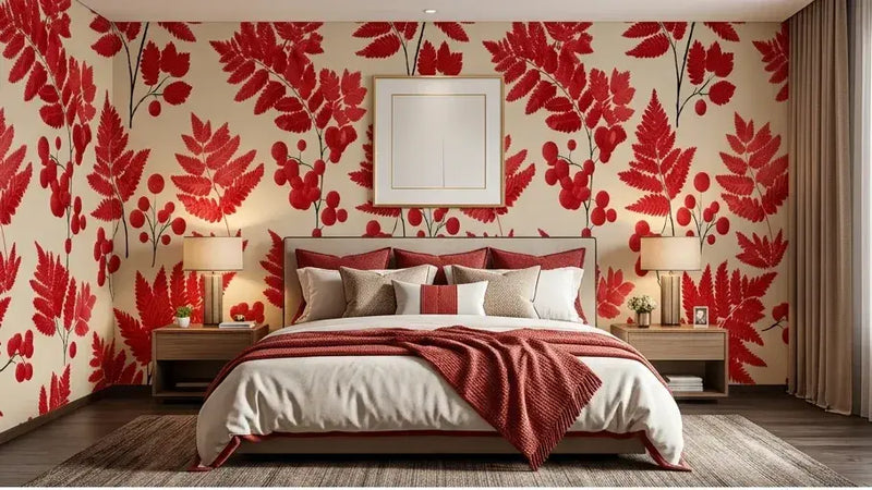 Salon contemporain habillé d'un Papier Peint Rouge et Blanc Motif Feuillage Matisse posé derrière un canapé en velours, associant design moderne et références artistiques