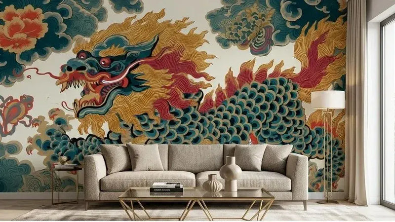 Gros plan sur les écailles irisées d'un dragon mythique illustrant ce Papier Peint Dragon Chinois Artisanal aux nuances de jade vert et d'or bruni