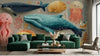 Décoration murale Papier Peint Baleine et Animaux Marins Enfant avec des illustrations aquarelle douces mettant en scène des dauphins, tortues marines et méduses dans des tons bleu turquoise et corail