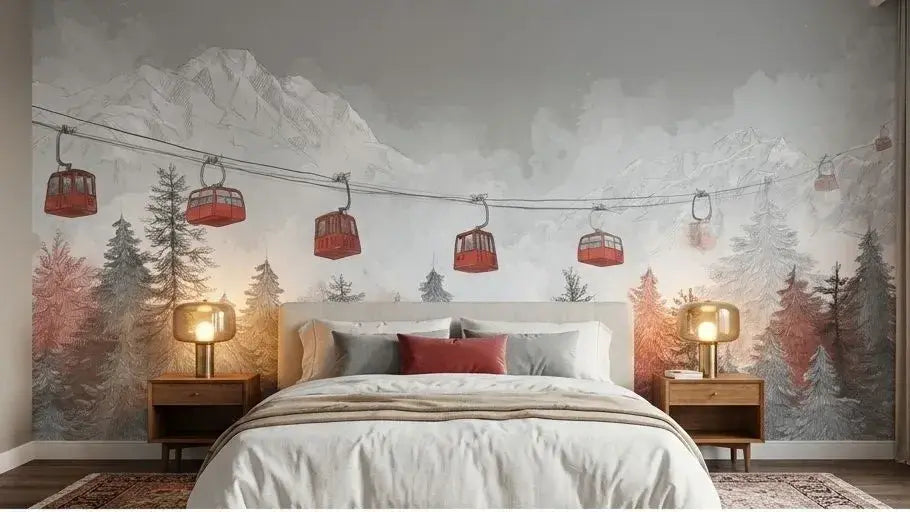 Décoration murale Papier Peint Montagne Télécabine Rouge mettant en scène une télécabine rouge vif s'élevant vers des sommets majestueux baignés de lumière dorée