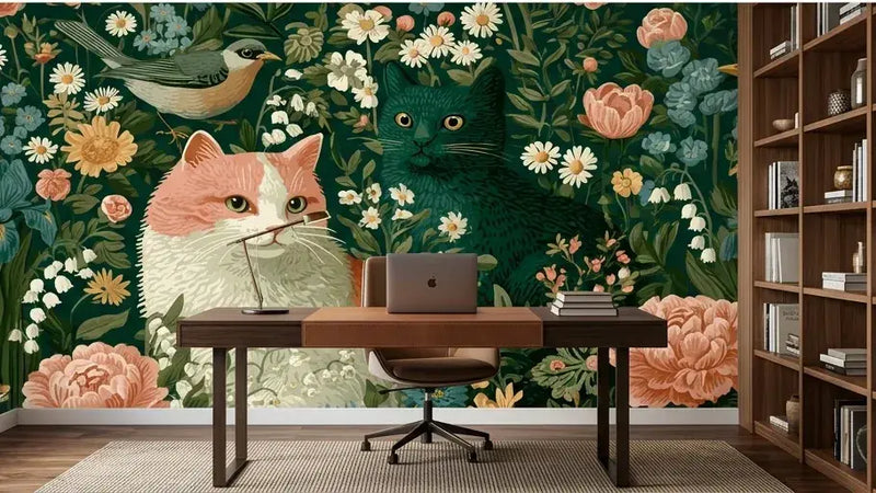 Rouleau de Papier Peint Chat Vert au Style Vintage de Jardin Anglais dévoilant un motif répétitif de chats vert olive élégamment dessinés sur fond crème vieilli parsemé de roses anglaises et de fougères
