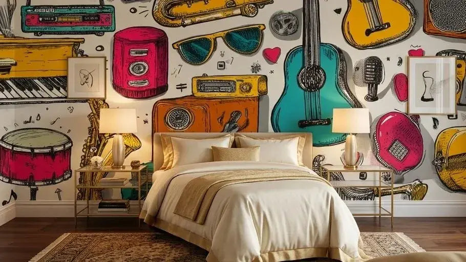 Détail texturé d'un Papier Peint Musique Motif Doodle Retro et Instruments avec des illustrations crayonnées de microphones, accordéons et notes de musique entrelacées
