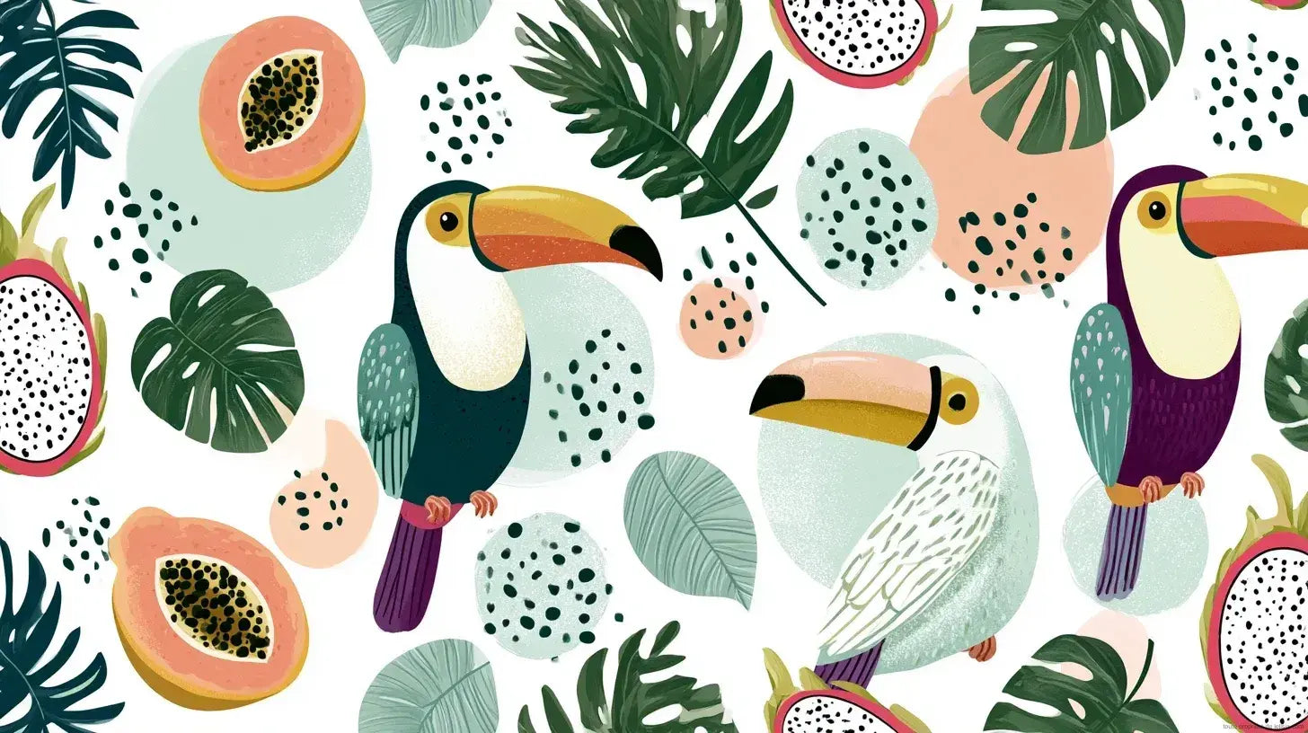Papier Peint Toucan et Fruits Tropicaux Blanc ornant un mur de salon moderne, mettant en scène un toucan aux couleurs éclatantes perché parmi des feuilles tropicales luxuriantes sur fond blanc immaculé