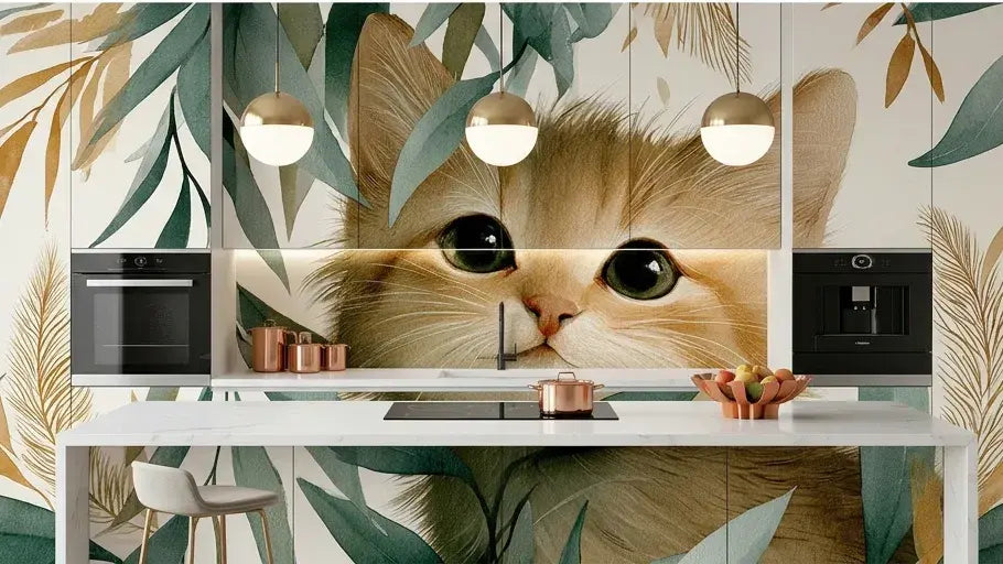 Chambre décorée d'un Papier Peint Chat Aquarelle et Feuillage Poétique apportant une atmosphère bohème et apaisante grâce à ses motifs floraux aquarellés et son chat expressif