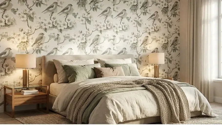 Chambre lumineuse habillée du papier peint oiseaux vert sauge Faustine sur toute une cloison, où les motifs d'oiseaux exotiques et de végétation luxuriante apportent une touche poétique et organique à l'espace
