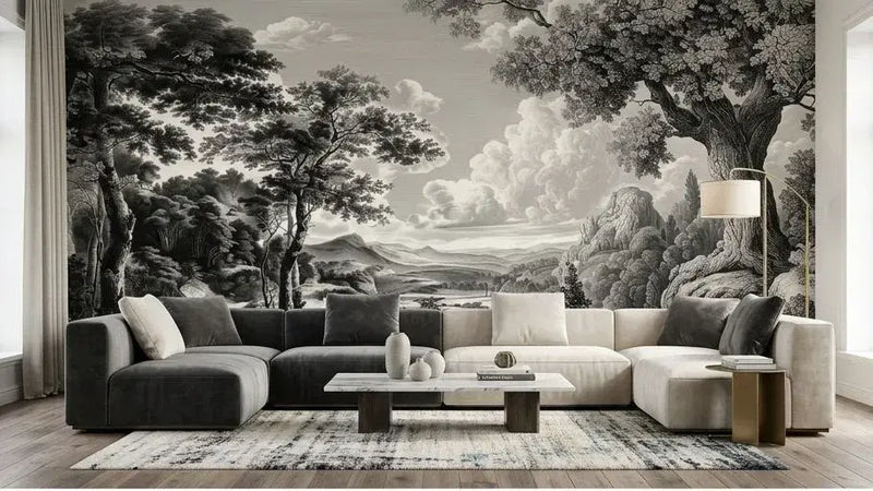 Vue détaillée d'un papier peint panoramique forêt ancienne noir et blanc ornant un salon moderne, avec des branches entrelacées créant une canopée dense et envoûtante