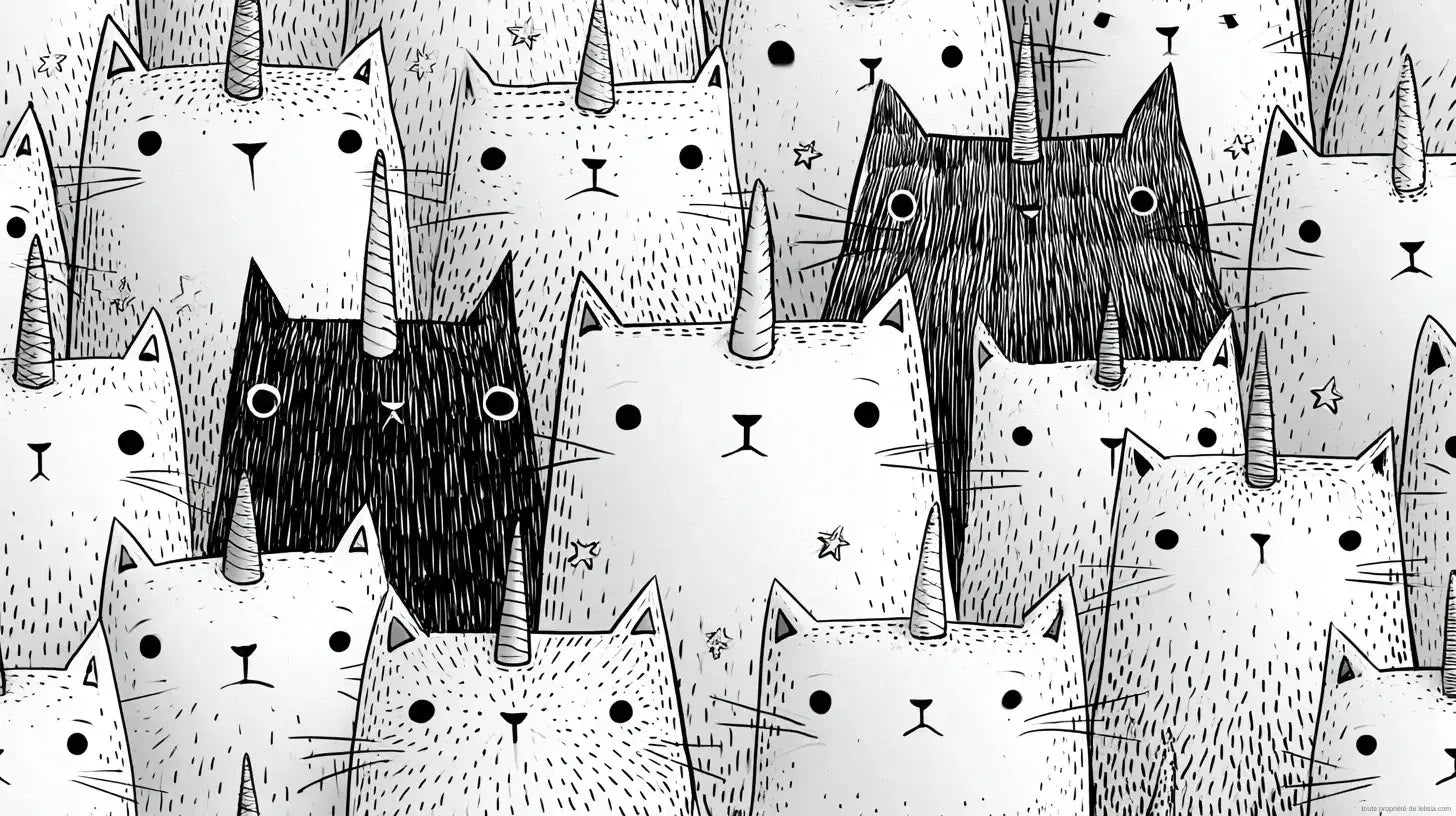 Papier peint chat noir et blanc aux motifs ludiques ornant un salon moderne avec des chats espiègles dessinés en noir et blanc sur fond crème