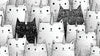 Papier peint chat noir et blanc aux motifs ludiques ornant un salon moderne avec des chats espiègles dessinés en noir et blanc sur fond crème