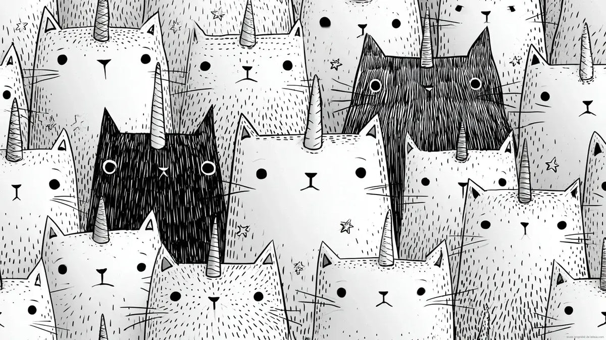 Papier peint chat noir et blanc aux motifs ludiques ornant un salon moderne avec des chats espiègles dessinés en noir et blanc sur fond crème