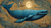 Papier Peint Baleine Volante et Bateaux Oniriques illustrant une majestueuse baleine bleue s'élevant dans un ciel crépusculaire pastel parmi des bateaux en bois aux voiles gonflées par un vent magique