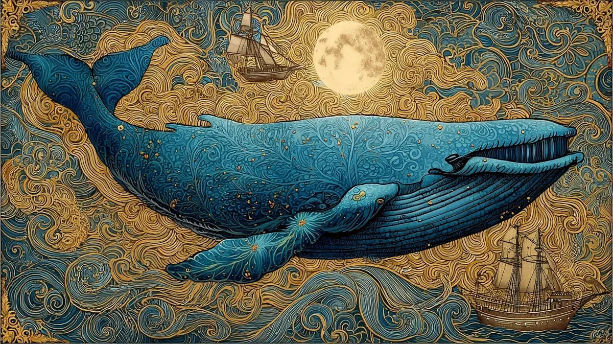 Papier Peint Baleine Volante et Bateaux Oniriques illustrant une majestueuse baleine bleue s'élevant dans un ciel crépusculaire pastel parmi des bateaux en bois aux voiles gonflées par un vent magique