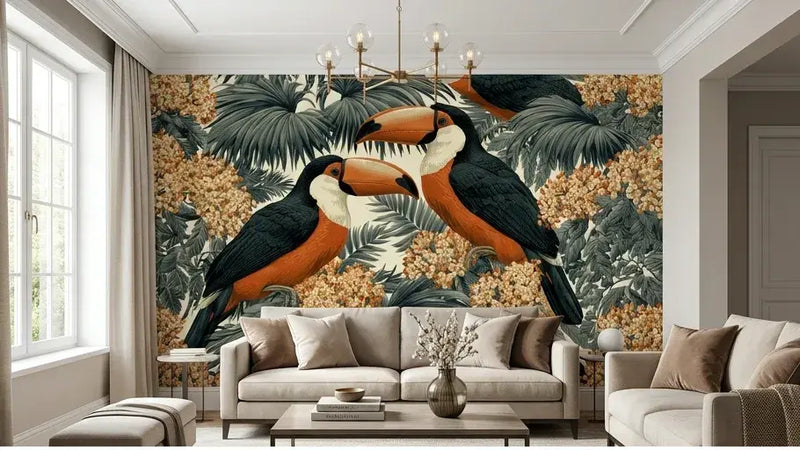 Décoration murale avec Papier Peint Toucan Feuillage Exotique Orange et Noir affichant un contraste saisissant entre le plumage orangé vif de l'oiseau et les motifs botaniques sombres sur fond noir