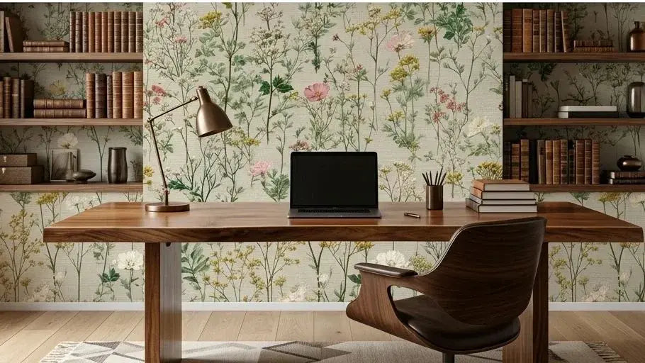 Détail texturé du papier peint vert pastel Alexa mettant en valeur des bouquets de fleurs sauvages délicatement illustrées dans un style botanique raffiné