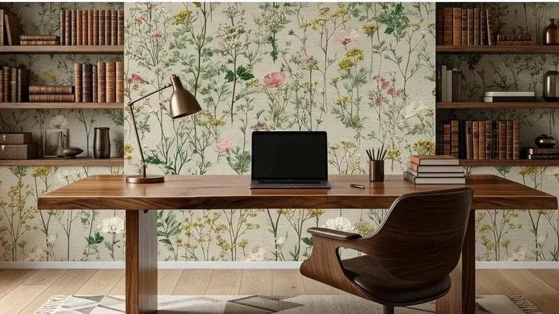 Détail texturé du papier peint vert pastel Alexa mettant en valeur des bouquets de fleurs sauvages délicatement illustrées dans un style botanique raffiné