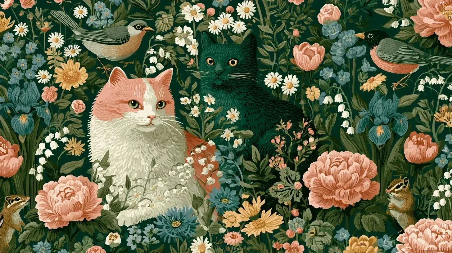 Papier Peint Chat Vert au Style Vintage de Jardin Anglais représentant un élégant félin émeraude niché parmi des roses anciennes et des feuillages luxuriants aux teintes sépia