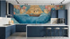 Vue d'ensemble du Papier Peint Baleine Enfant Aquarelle Bleue installé sur le mur d'une chambre enfantine, créant une atmosphère marine apaisante avec ses couleurs bleu azur et ses motifs aquarelle lumineux