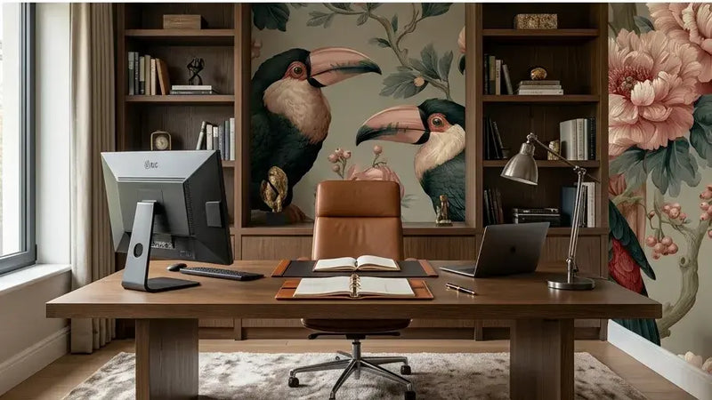 Vue d'ensemble d'un couloir habillé du Papier Peint Toucan Chinoiserie Rose Poudré avec ses illustrations de style asiatique vintage représentant oiseaux tropicaux et branches en fleurs