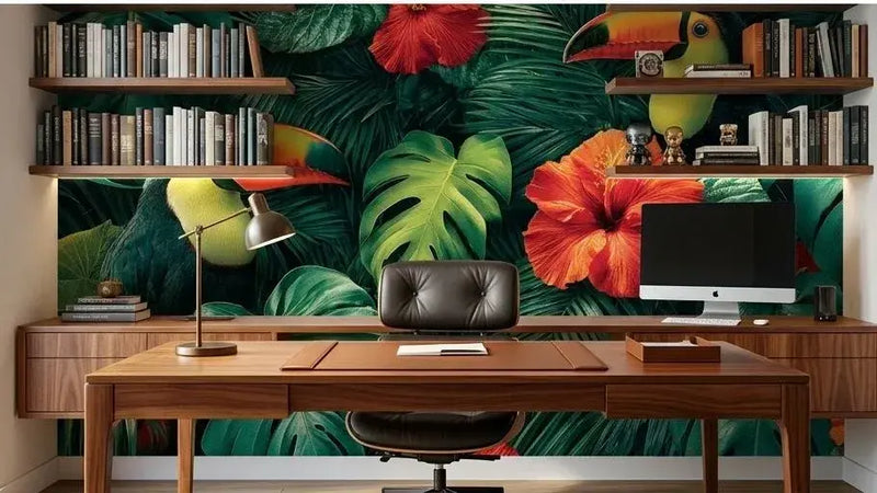 Détail artistique d'un Papier Peint Toucan dans la Jungle Tropicale affichant des feuilles tropicales superposées en nuances de vert jade avec un toucan majestueux au plumage noir et jaune