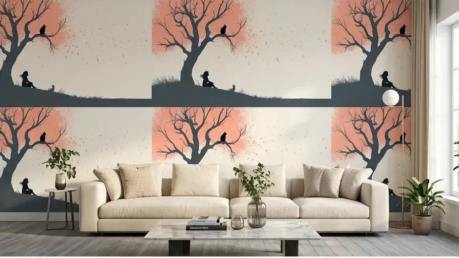 Vue rapprochée d'un papier peint chambre enfant chat et arbre représentant des chatons espiègles jouant parmi les racines et les feuillages d'un arbre enchanté aux teintes pastel apaisantes