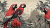 Papier peint panoramique perroquet fond noir revisité en version jungle beige avec de magnifiques perroquets rouges aux plumes éclatantes se détachant sur un feuillage tropical luxuriant
