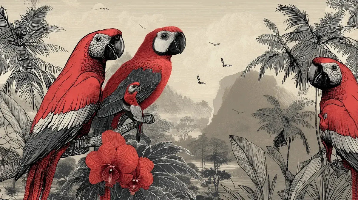 Papier peint panoramique perroquet fond noir revisité en version jungle beige avec de magnifiques perroquets rouges aux plumes éclatantes se détachant sur un feuillage tropical luxuriant