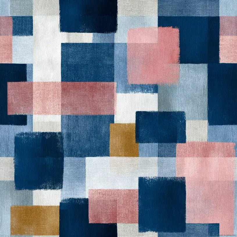 Papier peint carreaux bleu et rose au style scandinave ornant un mur lumineux avec ses motifs géométriques délicats aux teintes pastel contrastées