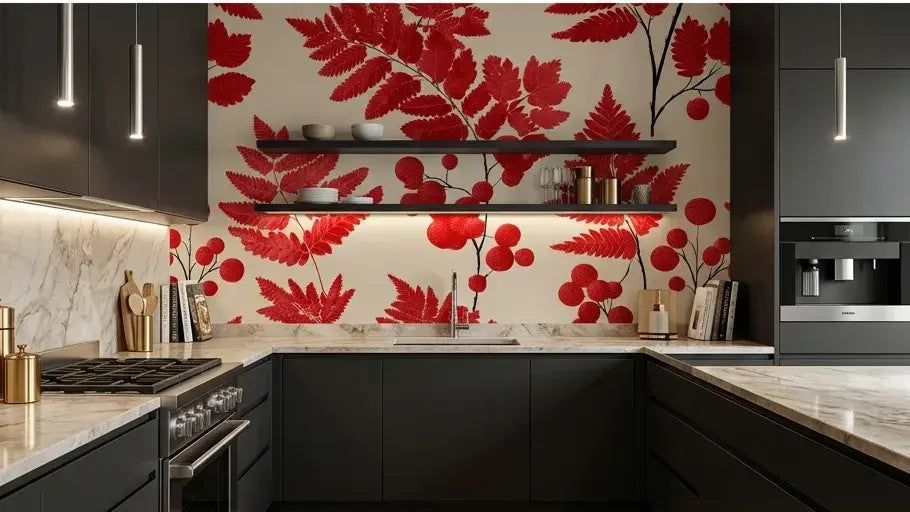 Gros plan sur les détails graphiques d'un Papier Peint Rouge et Blanc Motif Feuillage Matisse, mettant en valeur les silhouettes de feuilles contrastées et les lignes fluides